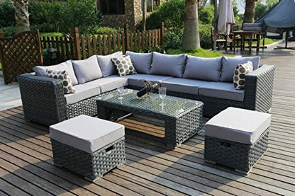 - YAKOE 50020 Papaver Conservatory Modular 9 Seater Rattan Corner Garden Sofa Furniture Set - Grey