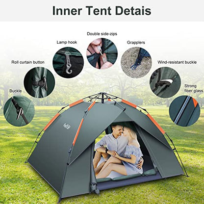 Amflip Camping Tent Automatic 3 Man Person Instant Tent Pop Up Ultralight Dome Tent 4 Seasons Waterproof & Windproof Camping Tent with Removable Outer Tarpaulin, Double Layers (army green)