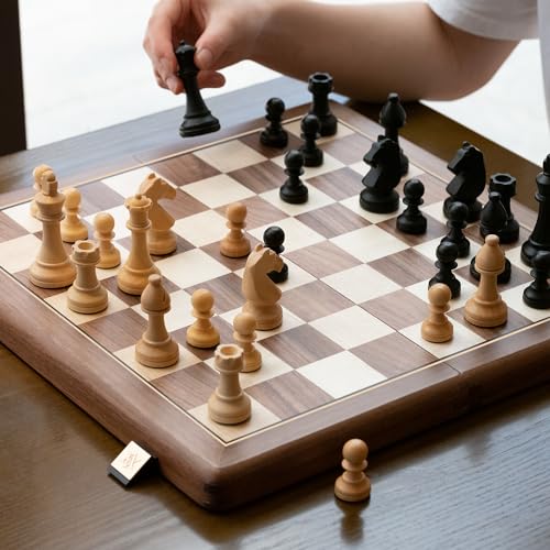 A&A 15 inch Wooden Folding Chess Set w/ 3 inch King Height Staunton Chess Pieces / 2 Extra Queens - Natural Walnut Wood