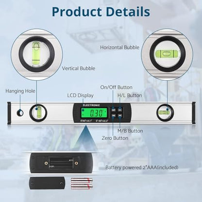 ALLmeter Digital Magnetic Level,Digital Spirit Level 16 inch 4 * 90°0-360°Spirit Level Inclinometer Angle Finder LCD Backlight Display IP54 Bubble for Carpentry,Building,Masonry,Automobile,Masonry