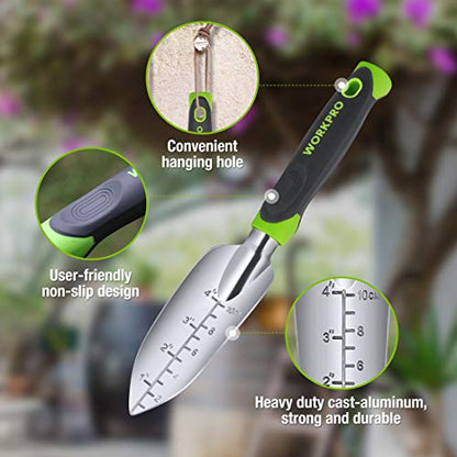 - WORKPRO 5 Pcs Gardening Tools Cast Aluminum Garden Set with Fork, Weeder, Claw, Trower, Soil Shovel for Gardener