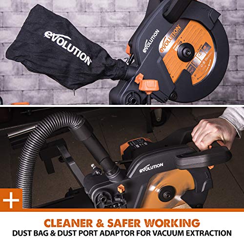- Evolution Power Tools R255SMS+ Compound Mitre Saw | Multi-Material Cutting Blade | Chop Wood Metal Plastic | 45° Bevel | 50° Mitre Angle | 300mm Slide | 2000 W | 255 mm | 220-240 V -