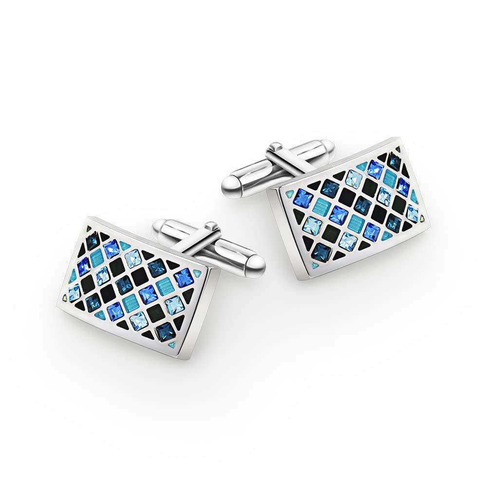 Crystal Cufflinks, Mr.Van Elegant Crystal Cufflinks Classic Fashion Rectangle Glimmering Cuff Links Set for Men's Business Wedding Party with Gift Box Elegant Style Blue