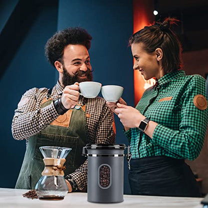 1800ML Airtight Coffee Canister with Date Tracker Transparent Window, 22.8OZ Coffe Beans Storage with 30 ML Measure Spoon&4 co2 Valve, Kitchen Food Storage Container for Grounds Coffee,Beans&Tea(Grey)
