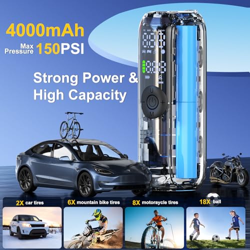 Bievin LP1 Electric Bike Pump Bicycle Pump Mini Tyre Inflator For Bikes, Motorcycle and Car, 150PSI Auto Shut-Off with Presta, Schrader Valve and Dunlop Valve