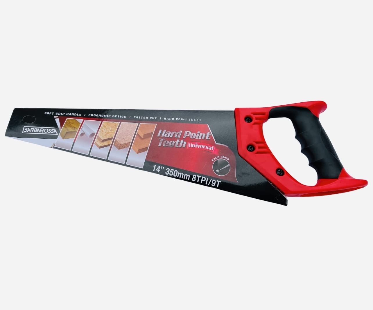 Barbarossa Pro Hand Saw, Perfect for 1st Fix Heavy Duty Sawing, Trimming, Gardening, Wood Cutting, Plastic, Made from Carbon steel with 8 TPI / 9 points, ABS plastic soft Grip handle (14" / 350mm)