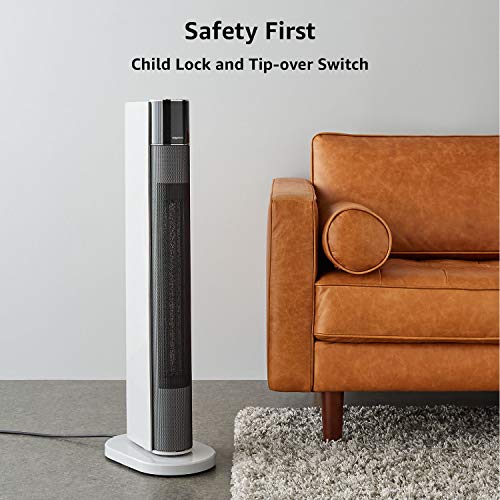 Amazon Basics ECO Oscillating Portable Tower Heater, 2 Fan Speeds, 3 Heat Settings, Timer and Remote Control, with UK plug, 2200W, White