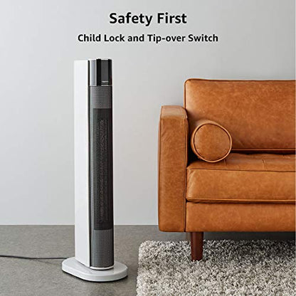 Amazon Basics ECO Oscillating Portable Tower Heater, 2 Fan Speeds, 3 Heat Settings, Timer and Remote Control, with UK plug, 2200W, White