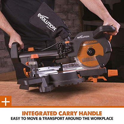 - Evolution Power Tools R210SMS+ Sliding Mitre Saw With Multi-Material Cutting | 45° Bevel | 50° Mitre | 230mm Slide | 1500 W | 230 V -