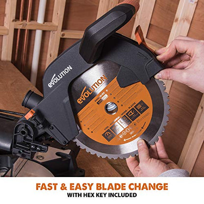 - Evolution Power Tools R255SMS+ Compound Mitre Saw | Multi-Material Cutting Blade | Chop Wood Metal Plastic | 45° Bevel | 50° Mitre Angle | 300mm Slide | 2000 W | 255 mm | 220-240 V -
