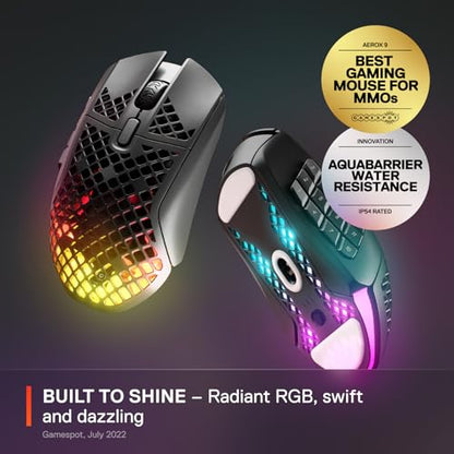 - SteelSeries Aerox 9 Wireless | Holey RGB Gaming Mouse | Ultra-lightweight Water Resistant Design -