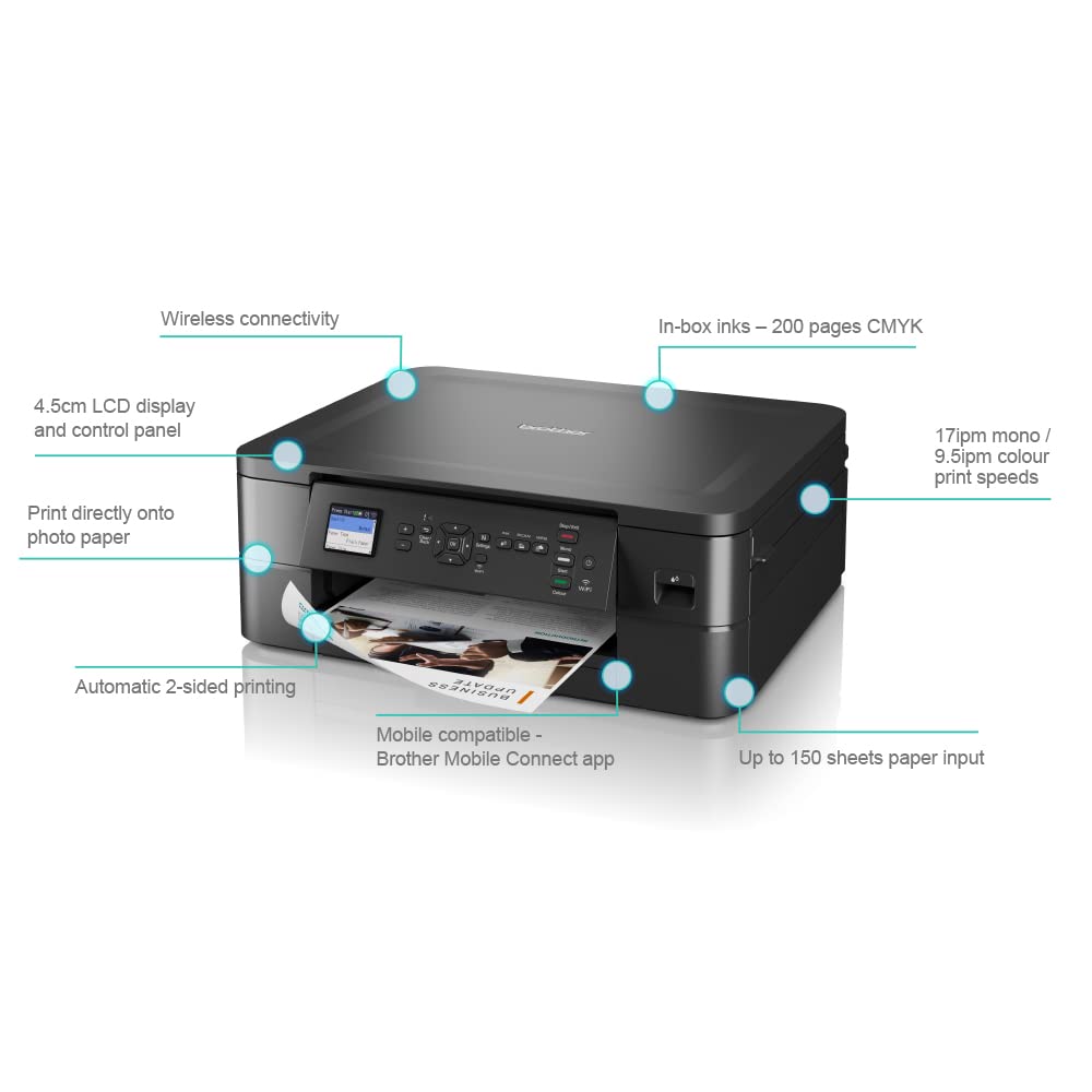 Brother DCP-J1050DW Wireless Colour Inkjet Printer | 3-in 1 (Print/Copy/Scan) | Wi-Fi/USB 2.0/NFC | Photos | Ink Included|UK Plug
