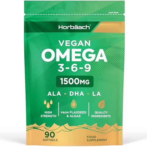 - Vegan Omega 3 6 9 Capsules | 1500mg | 90 Count | High Strength Oil from Flaxseed and Algae | -