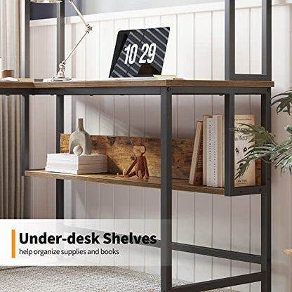 CubiCubi L-Shaped Desk with Hutch, 150x120x144 cm Corner Computer Desk, Large Home Office Desk with Bookshelf and Storage Shelves, Space-Saving, Rustic Brown