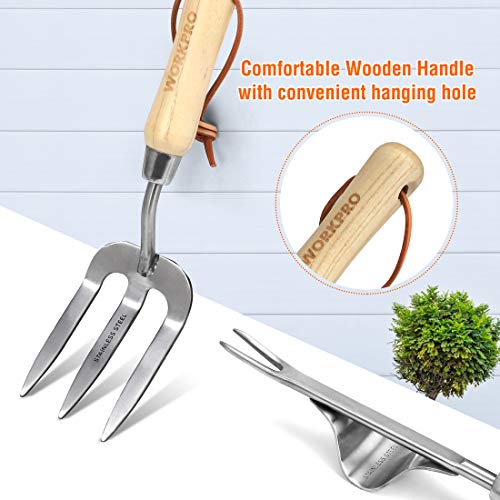 - WORKPRO 8 Piece Garden Tools Set, Stainless Steel Hand Tools with Wooden Handle, Including Gloves, Trowel, Weeder, Hand fork, Hand Rake, Transplanter, Pruner and Garden Tote
