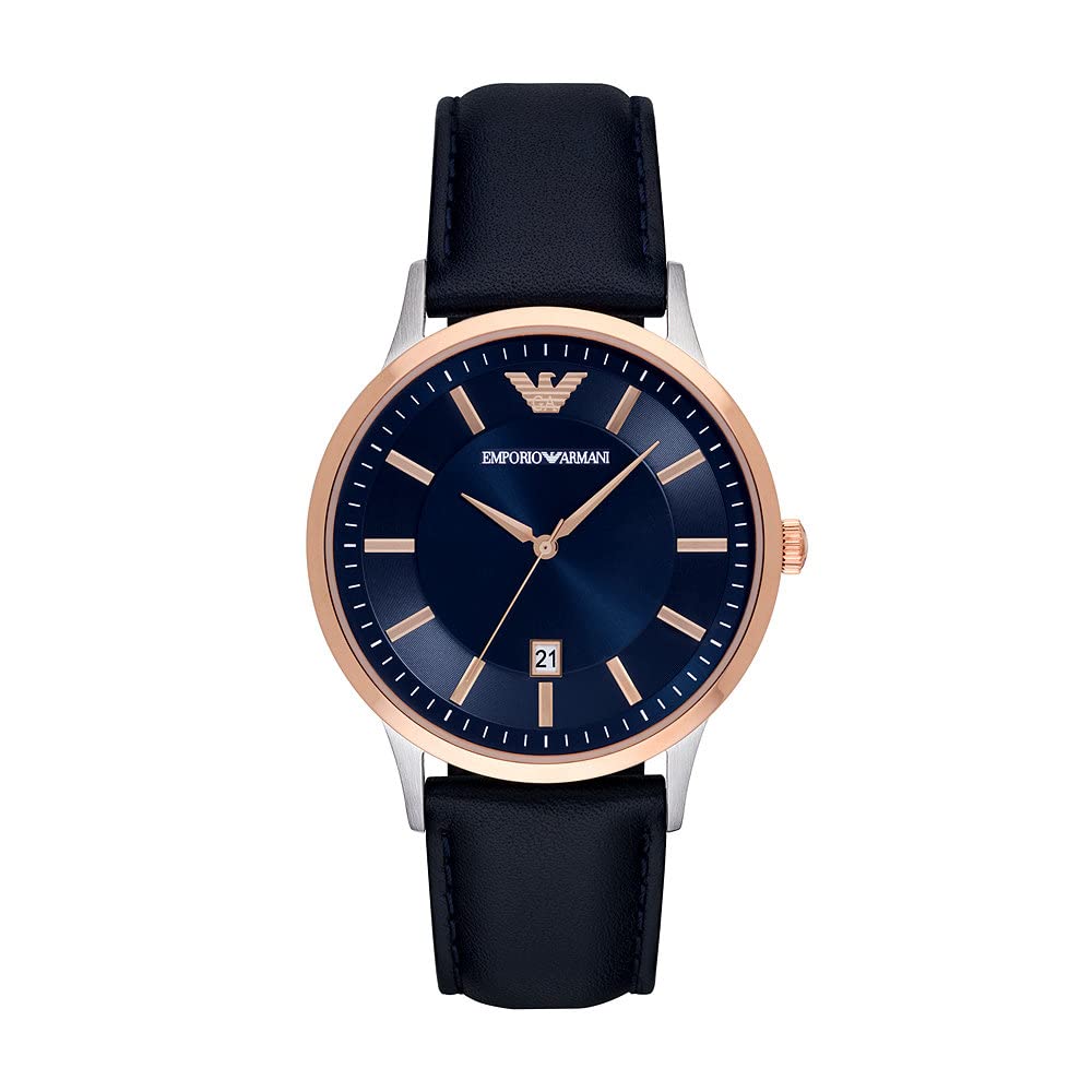 - Emporio Armani Watch for Men | Two Hand Date Movement | 43 mm Silver Stainless Steel Case with a Leather Strap | AR11188 -