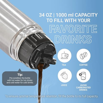 - Milton Vacuum Flask for Hot Drink 1 Litre (34 oz) | Stainless Steel Double Walled Insulated Water Bottle -