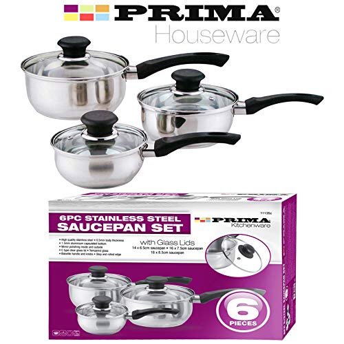 6 Pcs Stainless Steel Saucepan Essential Cookware Set with Glass Lids & Sturdy Handles Pot Prima Kitchen Cook Home Chef Cooking Sauce Pan Housewarming Gifts UK Free P&P