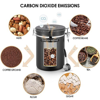 Airtight Coffee Canister, 2.8 L Stainless Steel Coffee Container for 1kg/35oz Coffee Beans, Coffee Storage Jars with Date Tracker, CO2 Valve and Scoop, Kitchen Storage Container for Coffee Beans&Tea