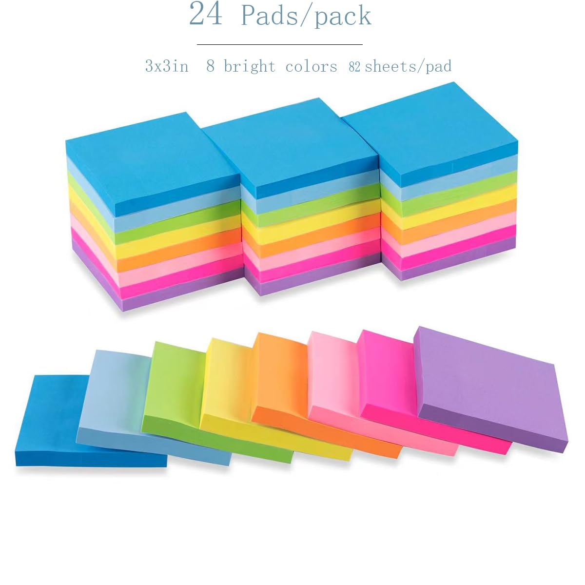 24 Pads - 3 in x 3 in Sticky Notes, 8 Colors Post Self Stick Notes Pads Bright Stickies Colorful Super Sticking Memo Pads，for Office, Home, School, Meeting, Strong Adhesive, 82 Sheets/pad