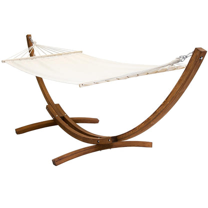 CHARLES BENTLEY Large 3M Hammock, With Larch Wooden Arc Stand, For One Person, Adjustable Hammock Height, In Cream, Free Standing, No Tree, Canvas Fabric, Swing Seat, Cotton, Polyester (310x129x120cm)