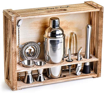 - Mixology & Craft Cocktail Shaker Set | 11-Piece Cocktail Making Set w/Shaker & Rustic Wooden Stand -