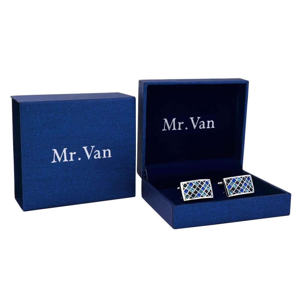 Crystal Cufflinks, Mr.Van Elegant Crystal Cufflinks Classic Fashion Rectangle Glimmering Cuff Links Set for Men's Business Wedding Party with Gift Box Elegant Style Blue