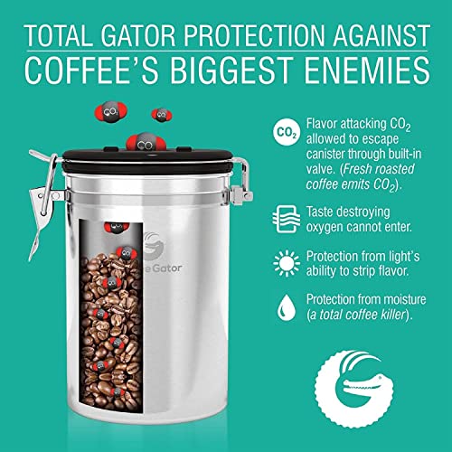 Coffee Gator Coffee Storage - Stainless Steel Tea and Sugar Containers - Canisters w/Date-Tracker, CO2 Valve for Freshness & Scoop - Small, Gray