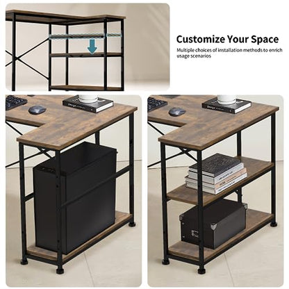 - TRIUMPHKEY 110CM L Shaped Corner Desk | Includes Shelves | Reversible Left or Right Computer Workstation -