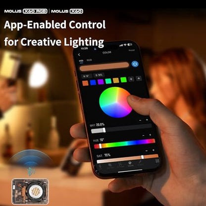 - ZHIYUN RGB Video Light Molus X60 RGB Combo 60W with 2550mAh Battery, 2700K-6500K Dimmable, Full Color CRI 95, TLCI 98