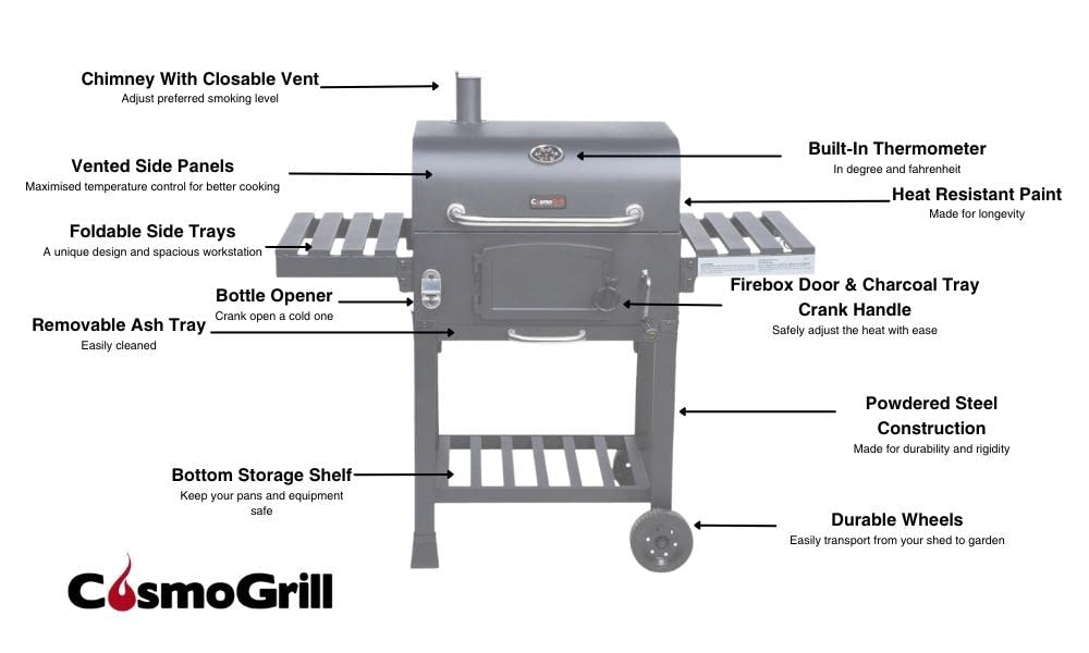 CosmoGrill Outdoor XL Smoker Barbecue Charcoal Portable BBQ Grill Garden