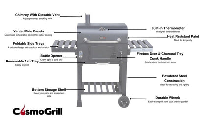 CosmoGrill Outdoor XL Smoker Barbecue Charcoal Portable BBQ Grill Garden