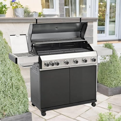 CosmoGrill Premium Black 7 Gas Burner 6+1 Barbecue Grill with Waterproof Cover, Stainless Steel Ceramic Searer, Built-in Temperature Gauge for Home Garden Party Outdoor BBQ Cooking