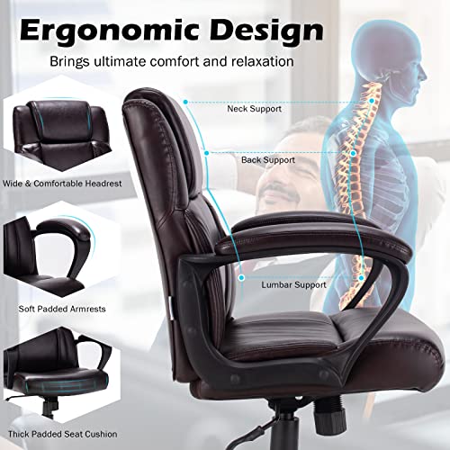 COSTWAY 300/330/400/500LBS Big & Tall Executive Office Chair, Height Adjustable Leather Computer Desk Chair with Rocking Backrest & Arms, Home Office Ergonomic Swivel Task Chair (330LBS, Brown)