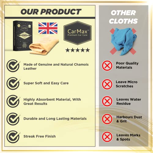 CarMax Essentials - Premium Natural Chamois Leather - Fanatic's Five Pack - Perfect for car detailing, glass, mirrors and for windows and glass around the home