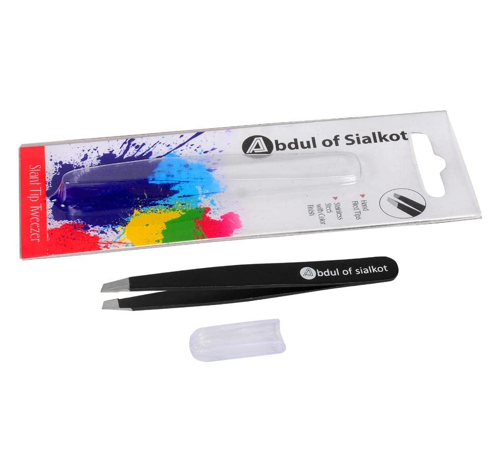 Abdul of Sialkot Tweezers for Eyebrows - 1 Pack Slant Tip Professional Stainless Steel Eyebrow Tweezers for Women & Men - Great Precision on Brow, Facial Hair & Ingrown Hair (Black)