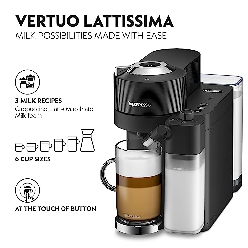 De'Longhi Nespresso Vertuo Lattissima ENV300.B, Automatic Coffee Machine with Automatic Milk Frother, Single-Serve Capsule Coffee Machine, 5 Cup Sizes, 1500W, Matt Black & Glossy