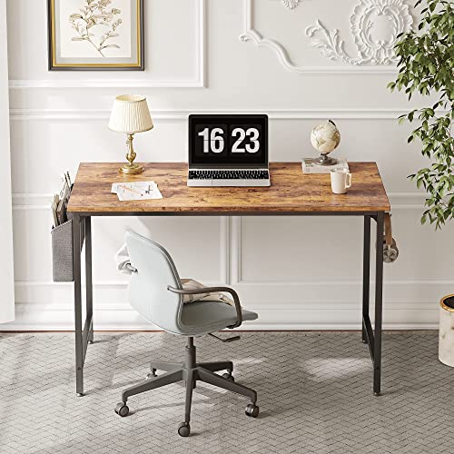CubiCubi Study Computer Desk 100cm Home Office Writing Small Desk, Modern Simple Style PC Table, Black Metal Frame, Rustic Brown