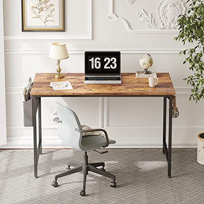 CubiCubi Study Computer Desk 100cm Home Office Writing Small Desk, Modern Simple Style PC Table, Black Metal Frame, Rustic Brown
