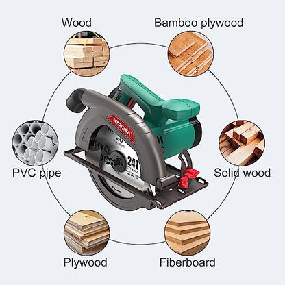 Circular Saw, 1300W HYCHIKA Electric Saw 4500RPM, High Power Motor, 24T Blade(185mm), Cutting Depth 65mm (90º), 45mm (45º), Safety Switch, Dust Extraction, for Wood/Plastic Cutting