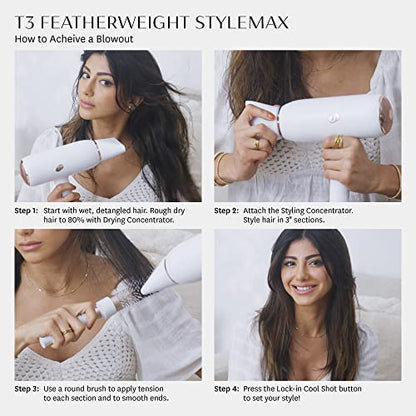 - T3 | Featherweight StyleMax Professional Ionic Hair Dryer | Custom Heat Automation & 4 Attachments, Fast Drying -