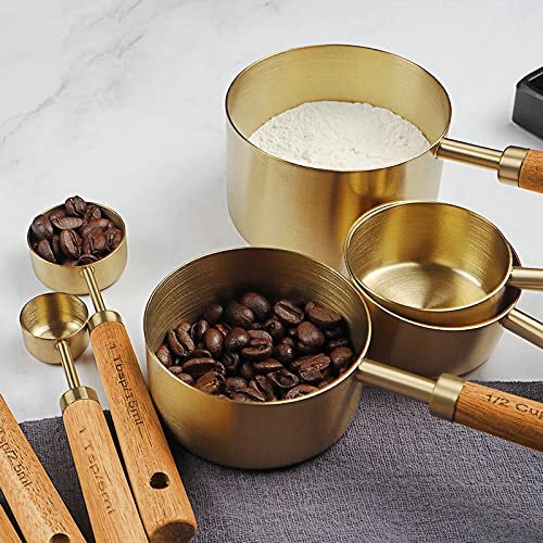Cuteefun Measuring Cups and Spoons Set of 8, Wooden Handle, with Metric and US Measurements, Premium Stainless Steel, Gold Polished Finish, Dry & Liquid Measuring Cup, for Cooking and Baking