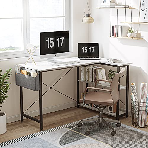 CubiCubi 100 cm Small L Shaped Computer Desk with Storage Shelves Home Office Corner Desk Study Writing Table, White