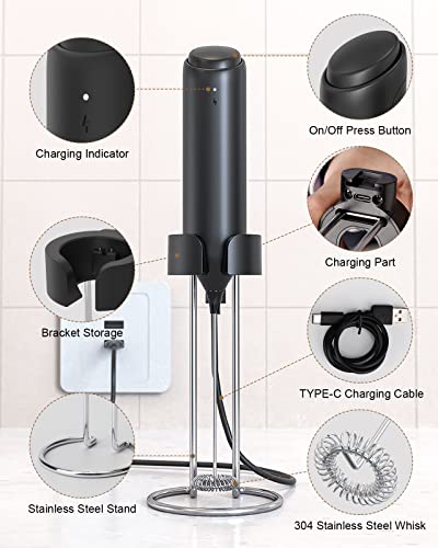 COKUNST Rechargeable Milk Frother Handheld, Electric Frother Mixer with Integrated USB-C Stand, Matcha Coffee Lattee Portable Drink Mixer Pasteable Hanging Stand for Kitchen