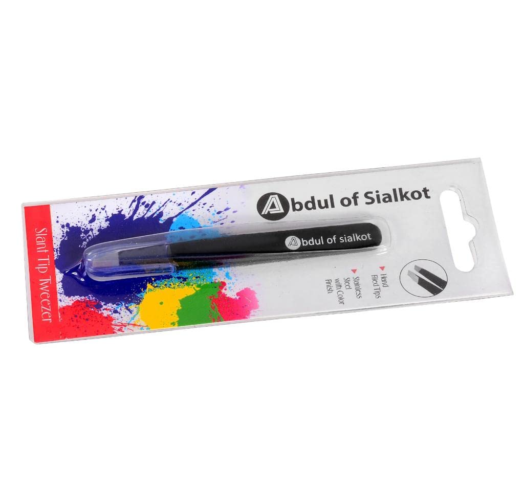 Abdul of Sialkot Tweezers for Eyebrows - 1 Pack Slant Tip Professional Stainless Steel Eyebrow Tweezers for Women & Men - Great Precision on Brow, Facial Hair & Ingrown Hair (Black)