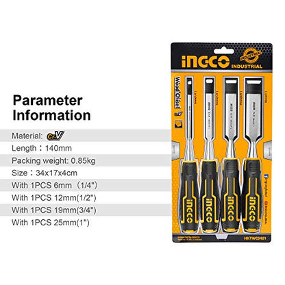 - INGCO 4Pcs Wood Chisel Set | Cr-V Woodworking Carpenter Carving | 6/12/19/25mm HKTWC0401 -