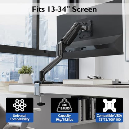 BONTEC Single Arm Monitor Desk Mount for 13-34 inch Screen, Tilt, Swivel, Rotation, Ergonomic Gas Spring Monitor Stand with Cable Management, VESA 75/100mm