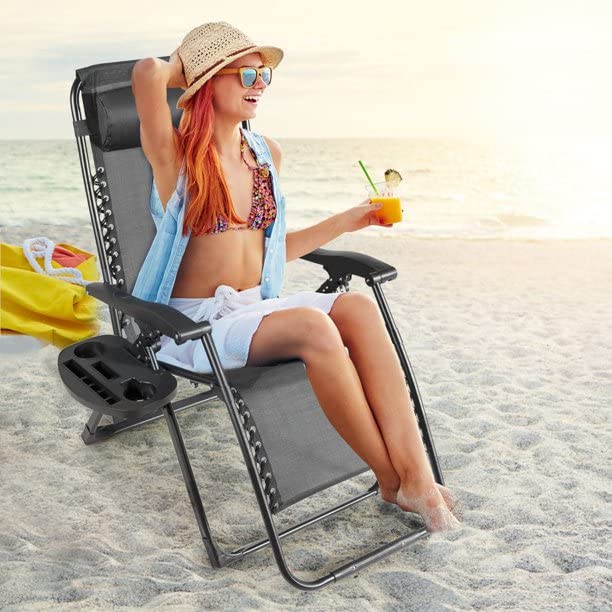 Aspect Zero Gravity Chair Set of 2, Outdoor Garden Sunloungers, Sturdy Textoline, Reclining Garden Chairs with Cup Holder and Pillow Headrest - Black