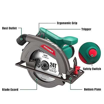 Circular Saw, 1300W HYCHIKA Electric Saw 4500RPM, High Power Motor, 24T Blade(185mm), Cutting Depth 65mm (90º), 45mm (45º), Safety Switch, Dust Extraction, for Wood/Plastic Cutting