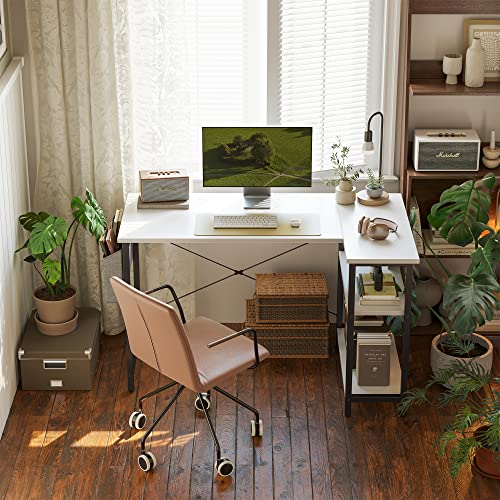 CubiCubi 100 cm Small L Shaped Computer Desk with Storage Shelves Home Office Corner Desk Study Writing Table, White